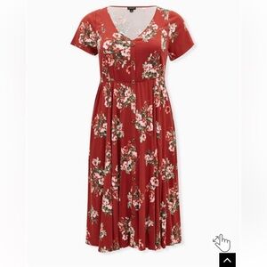 Red Terracotta Floral Challis Button Midi Dress